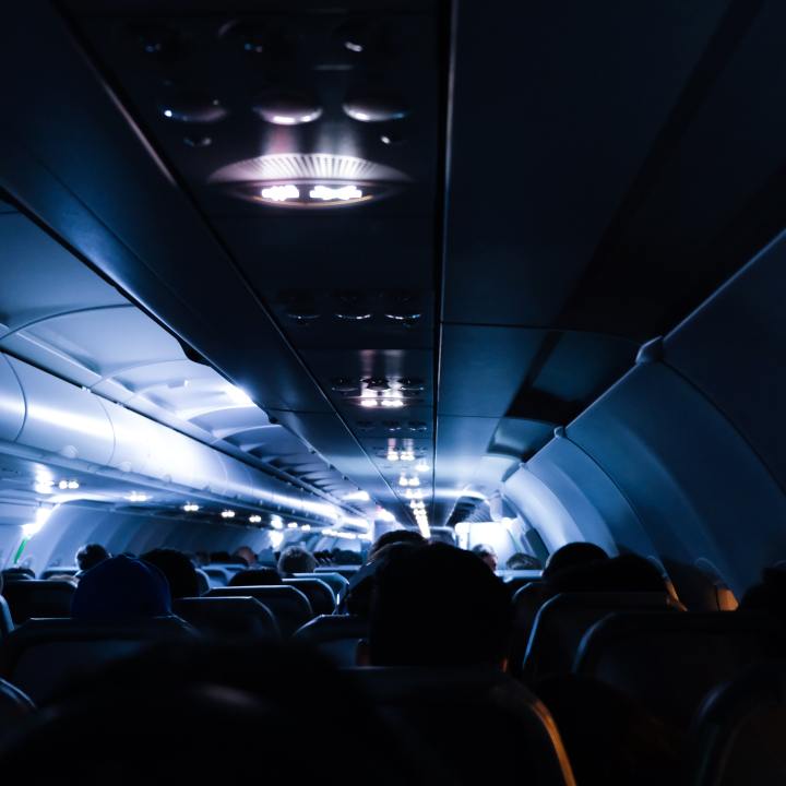 inside of airplane cabin at night
