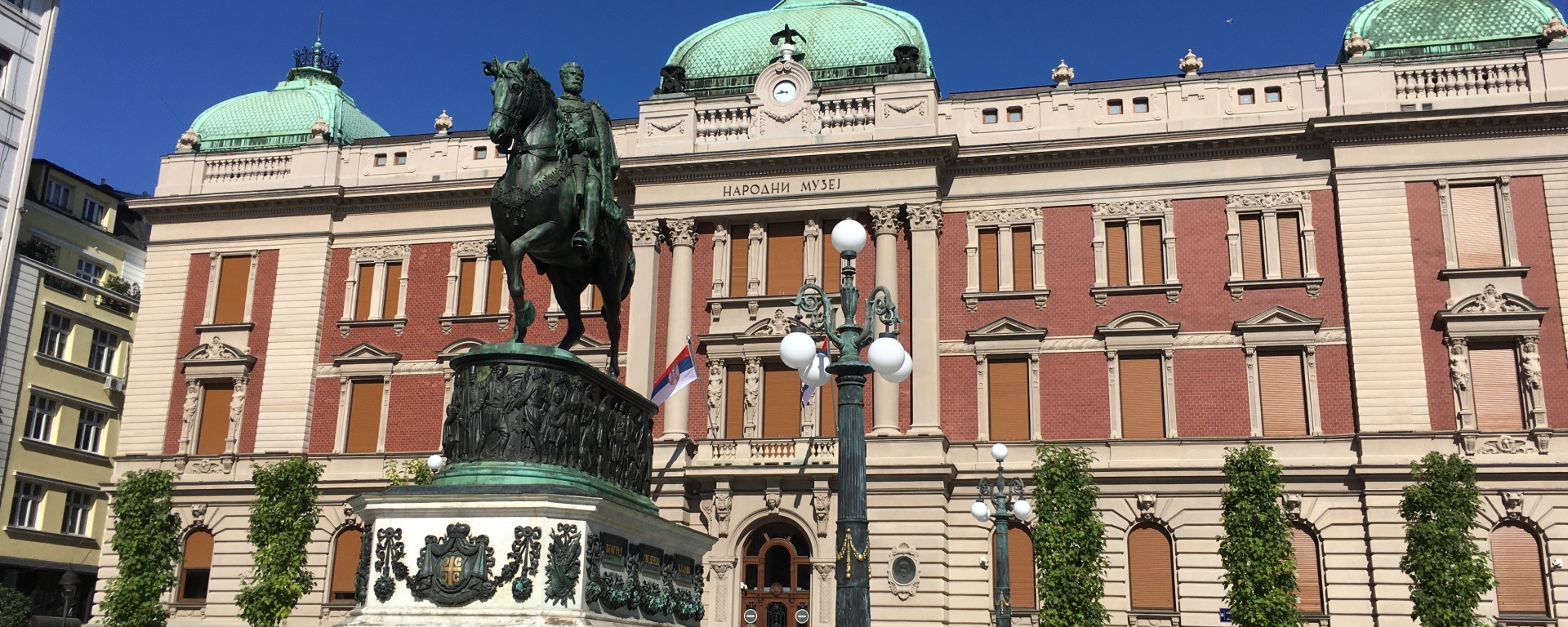 equestrian statue in front of museum in Belgrade old city